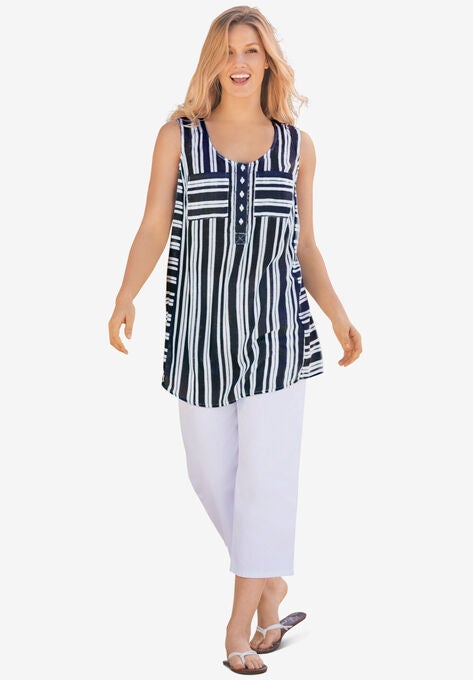 Striped Sleeveless Tunic, NAVY TONAL STRIPES, hi-res image number null