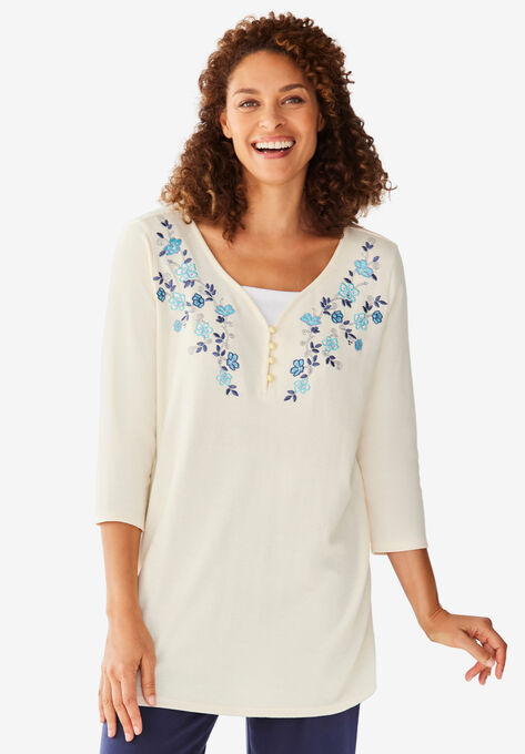 Layered-Look Embroidered Henley Tunic, IVORY FLORAL EMBROIDERY, hi-res image number null