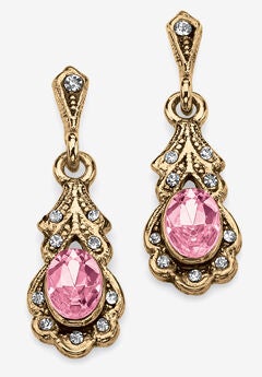 Gold Tone Antiqued Oval Cut Simulated Birthstone Vintage Style Drop Earrings