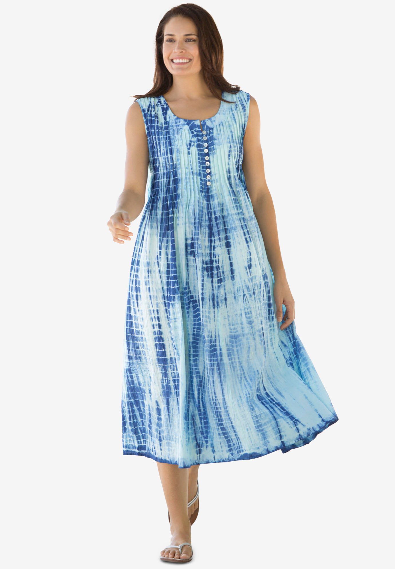 Sleeveless Pintuck Tie-Dye Dress, EVENING BLUE TIE DYE, hi-res image number 0