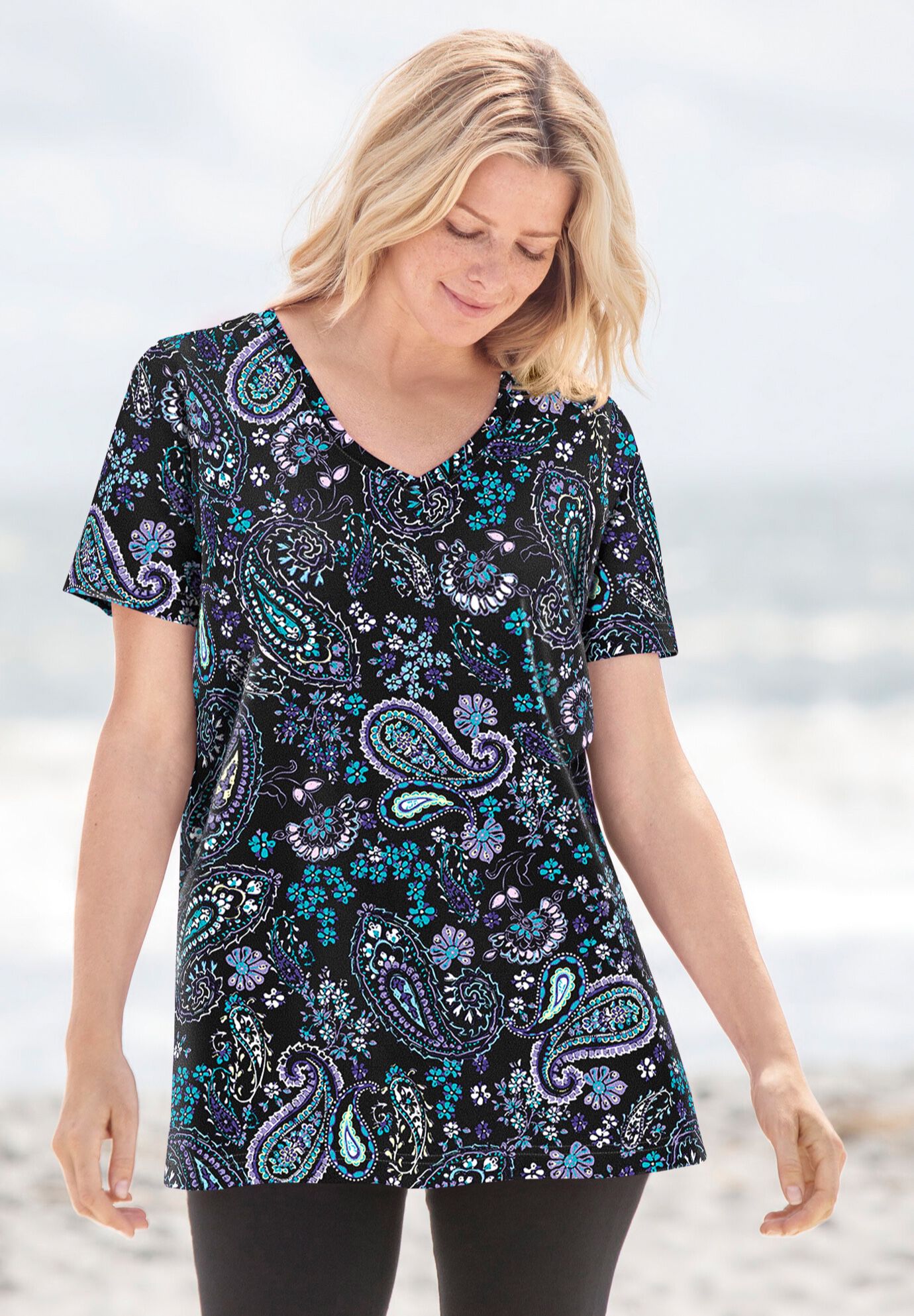 Perfect Printed Short-Sleeve V-Neck Tee, , alternate image number 7