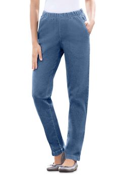 Fineline Pull-On Elastic Waist Straight-Leg Stretch Denim Jeans