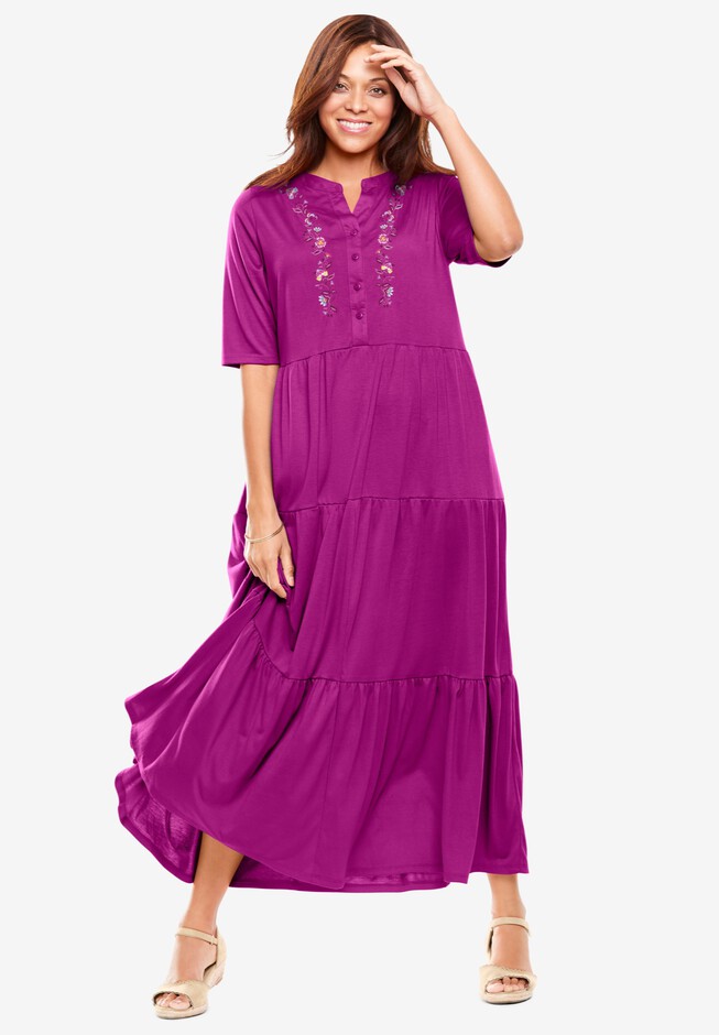 Elbow-Sleeve Tiered Henley Dress | Woman Within
