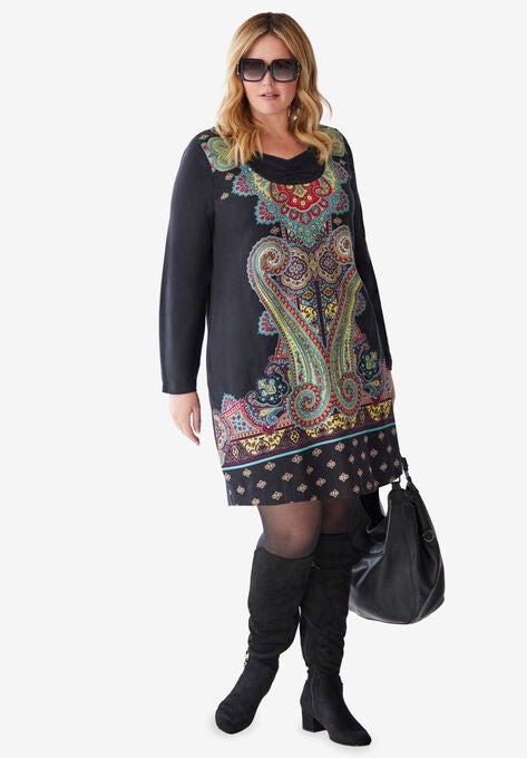 Scarf Print Layered Look Knit Dress, BLACK PAISLEY BORDER PRINT, hi-res image number null