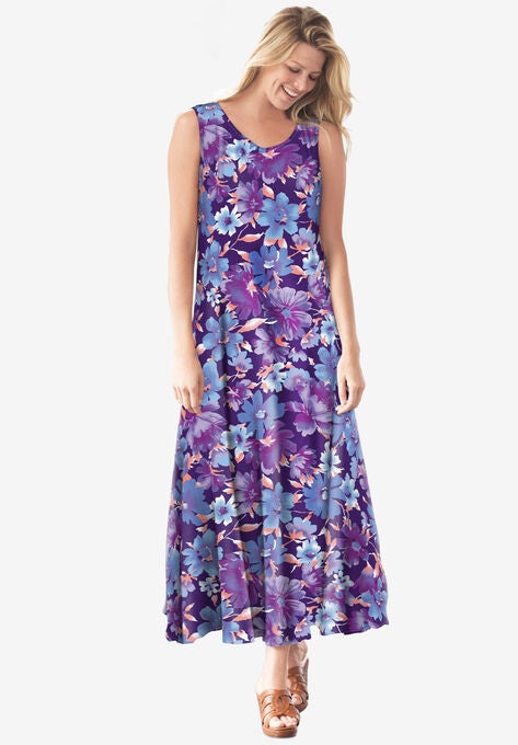 Sleeveless Crinkle A-Line Dress, RADIANT PURPLE FLORAL, hi-res image number null