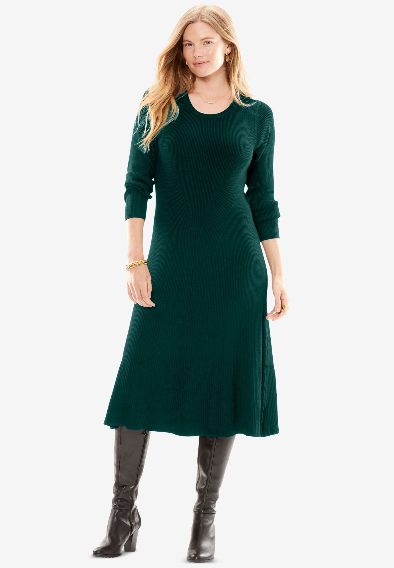 Rib Knit Sweater Dress Midi Fit Flare Emerald Green Woman Within