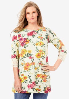 Crochet-Trim Three-Quarter Sleeve Tunic