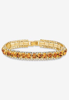 Gold Tone Tennis Bracelet (10mm), Round Birthstones and Crystal, 7"