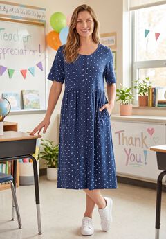 Button-Front Elbow-Sleeve Knit Dress