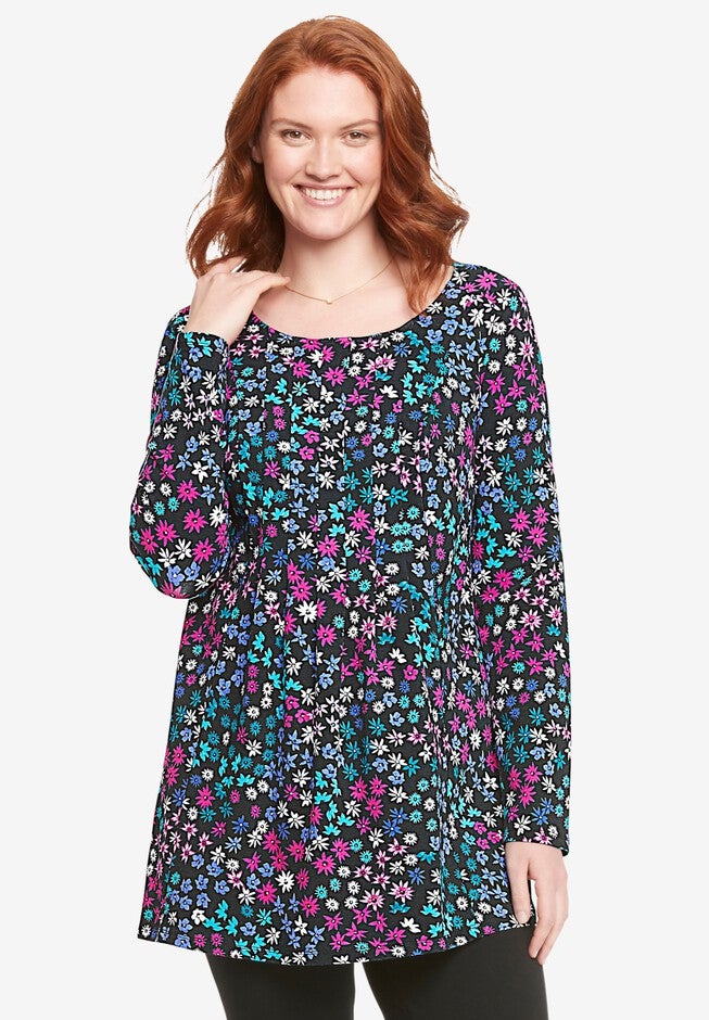 EveryWear Essentials™ Pleated Tunic, BLACK MULTI FLORAL, hi-res image number null