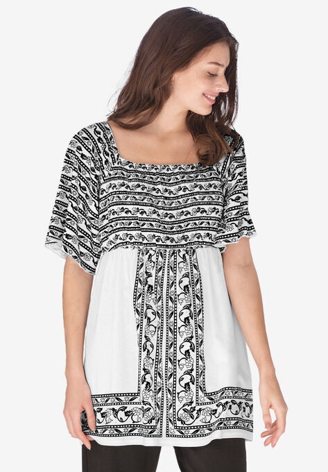 Smocked Peasant Tunic Blouse, BLACK BORDER, hi-res image number null