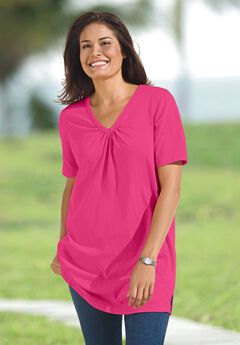 Perfect Short-Sleeve Shirred V-Neck Tunic
