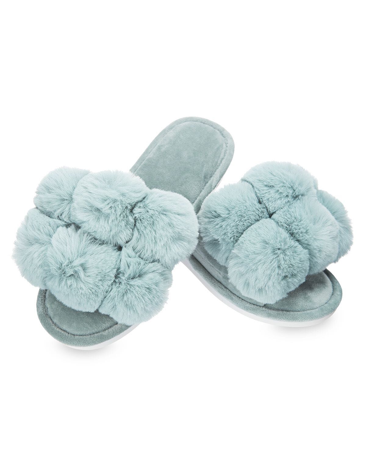 Women's Luxe Pom-Pom Memory Foam Plush Slippers, SEA BLUE, alternate image number 3