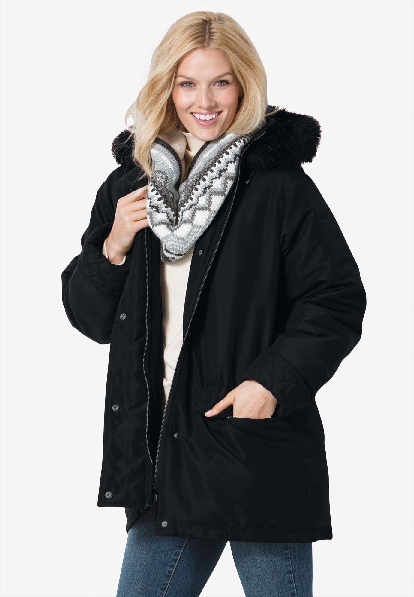 Faux Fur Down Parka Coat, BLACK