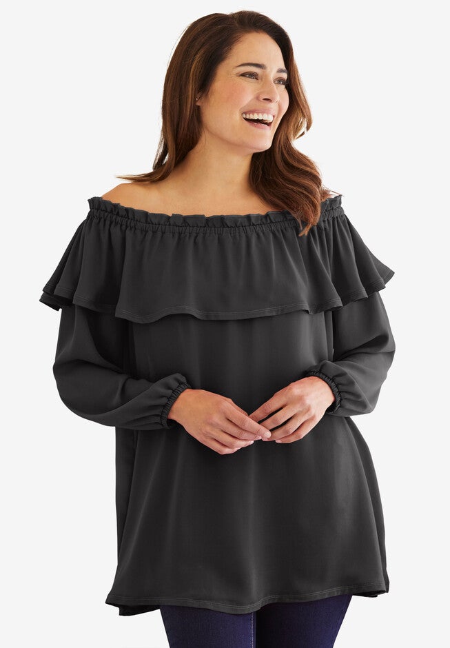 Ruffled Off-the-Shoulder Tunic, BLACK, hi-res image number null