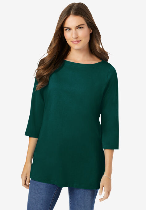 Perfect Three-Quarter Sleeve Boatneck Tee, EMERALD GREEN, hi-res image number null