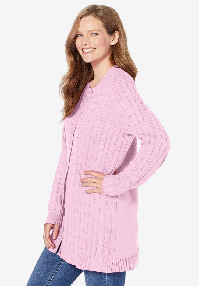 Pink Fall Sweater Cable Knit Cardigan Sweater - Pure Cotton, Pink | Woman Within