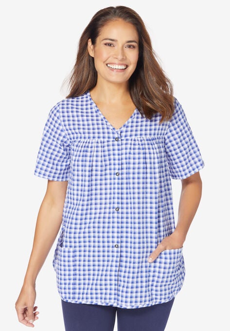 Seersucker Snap-Front Cobbler Apron, ULTRA BLUE GINGHAM, hi-res image number null