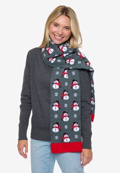Womens Christmas Snowman Scarf 70" Fair Isle Knit Double Sided Print