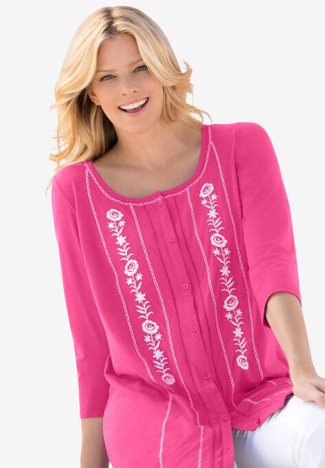 Embroidered Button-Front Tunic, RASPBERRY SORBET PRAIRIE EMBROIDERY, hi-res image number null
