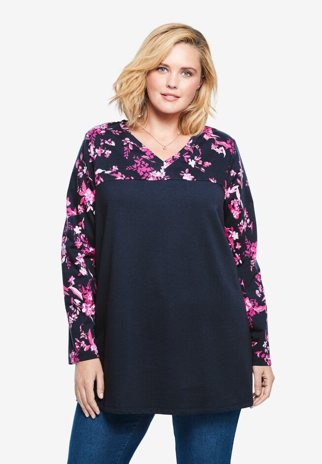 Printed Yoke French Terry Sweatshirt, NAVY GRAPHIC BLOSSOM, hi-res image number 0