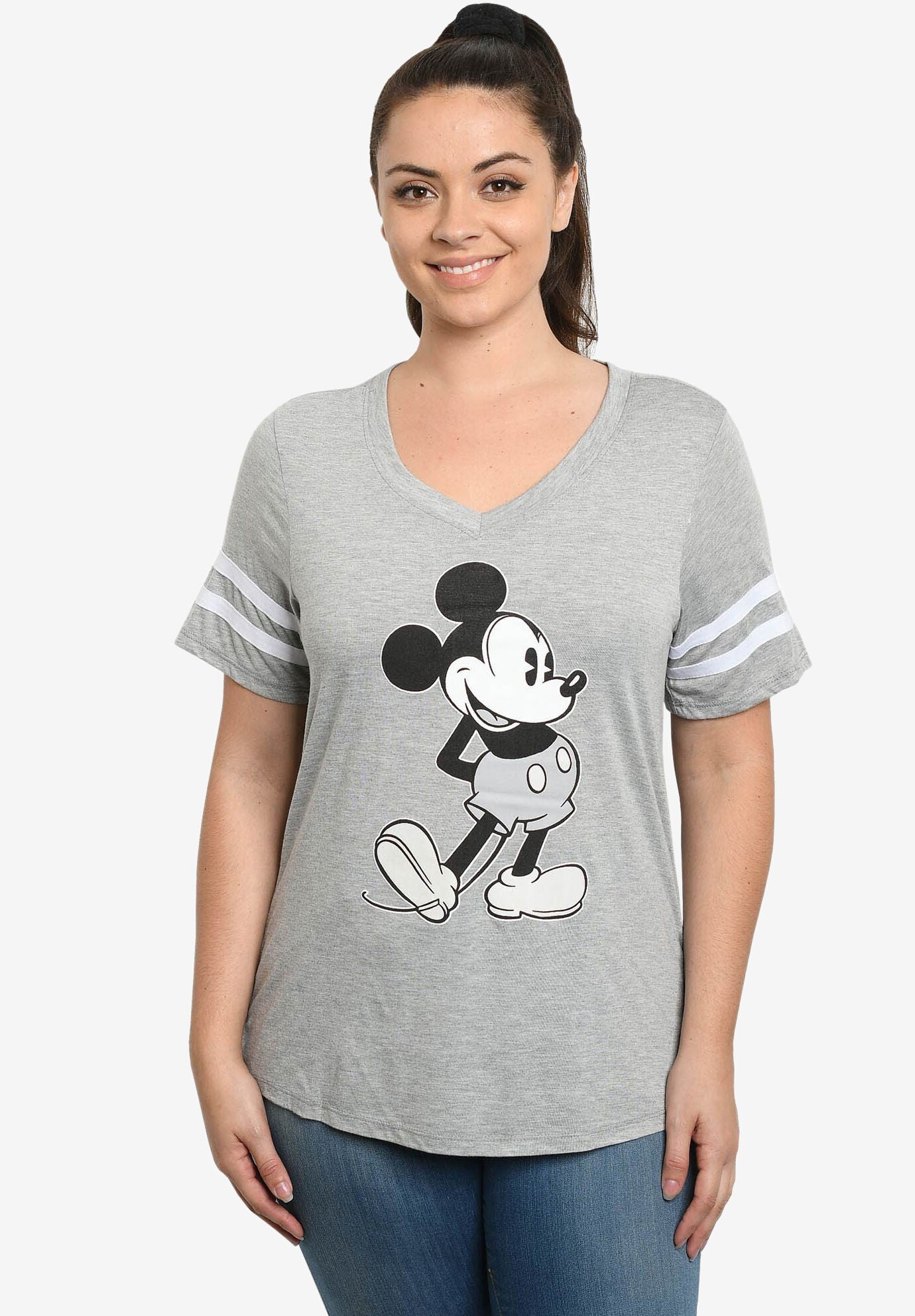 Women s Plus Size MIckey Mouse V Neck T Shirt Classic Retro Gray