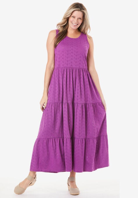 Tiered Eyelet Sleeveless Dress, PURPLE MAGENTA, hi-res image number null