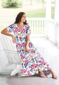 Button-Front Elbow-Sleeve Knit Dress