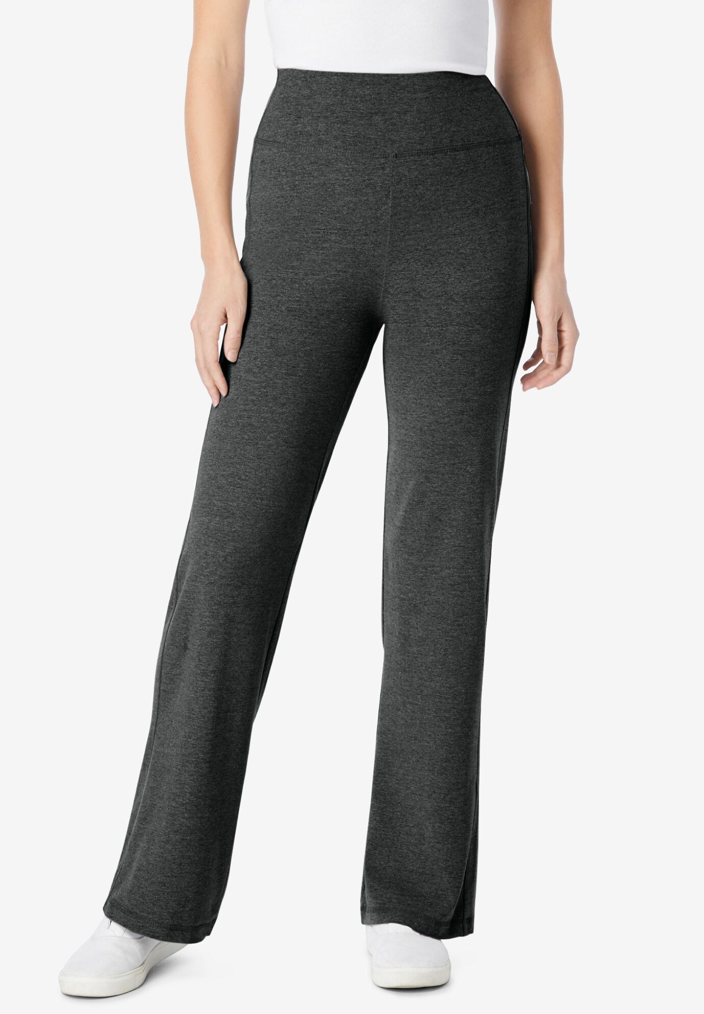 Wide Leg Stretch Cotton Pants Yoga Style Heather Charcoal Woman Within