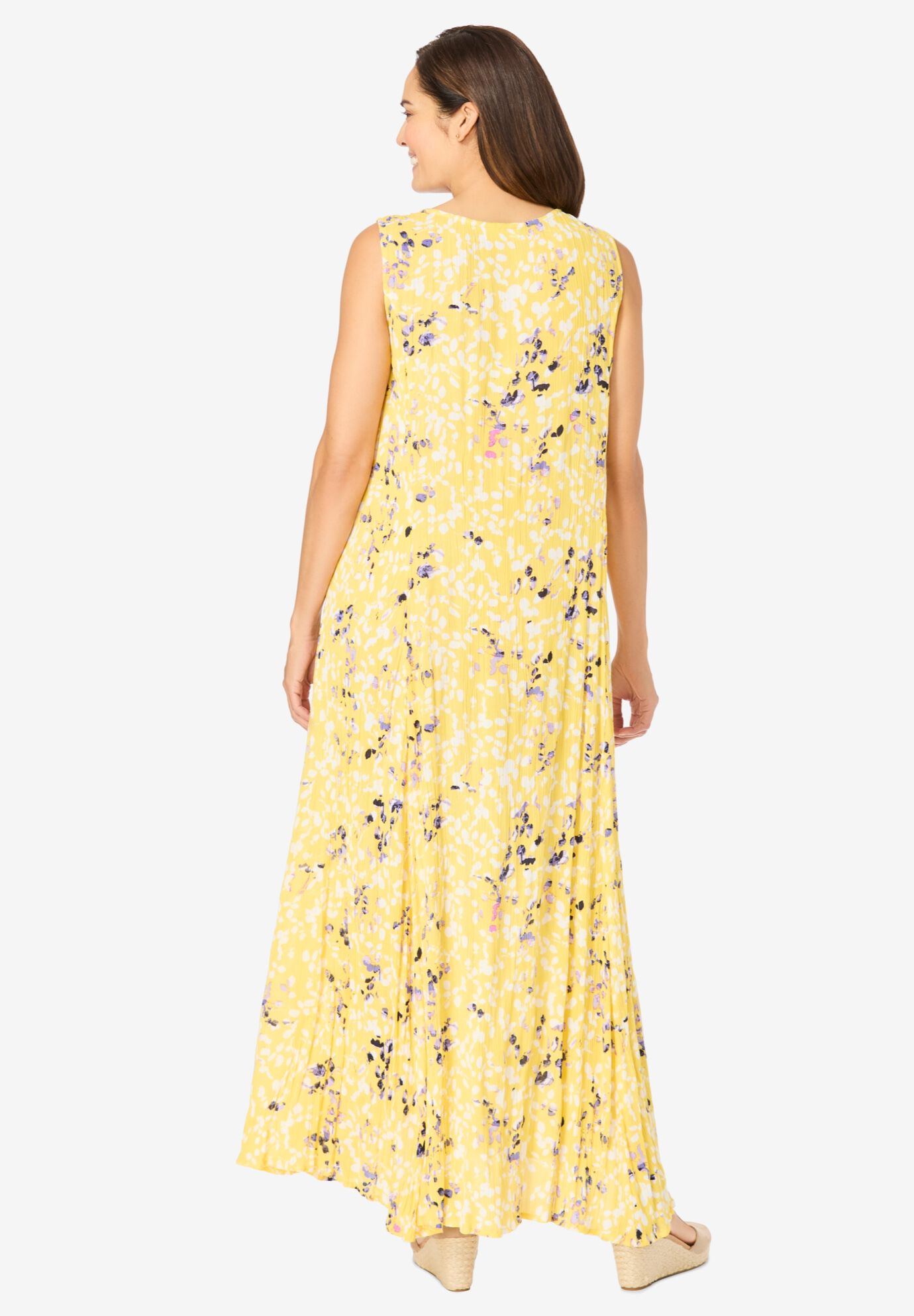 Sleeveless Crinkle Dress, PRIMROSE YELLOW LEAF, on-hover image number 1