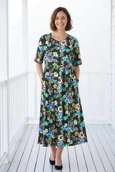 Button-Front Elbow-Sleeve Knit Dress
