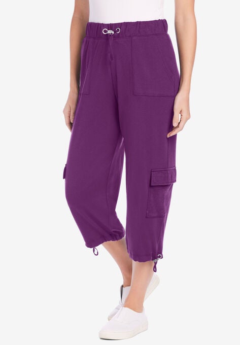 Pull-On Knit Cargo Capri, PLUM PURPLE, hi-res image number null
