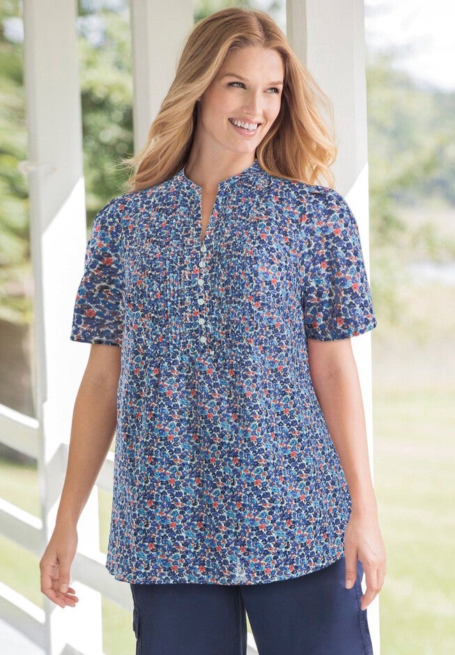 Pintucked Half-Button Cotton Tunic Top, Navy Blooming Ditsy