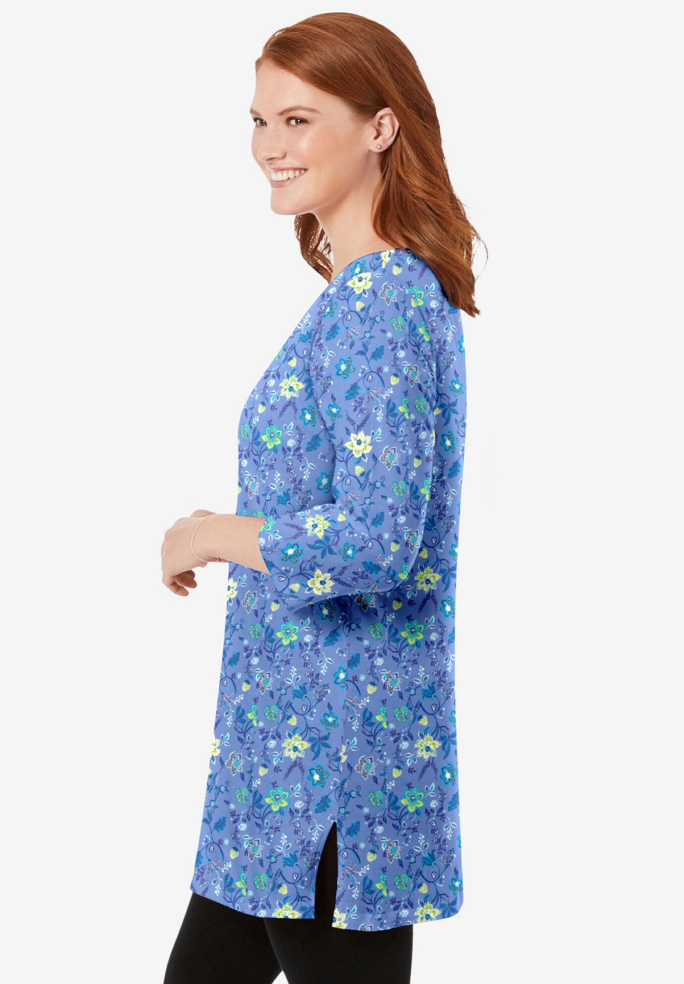 Perfect Printed Three-Quarter-Sleeve Scoopneck Tunic, FRENCH BLUE JACQUARD FLORAL, alternate image number 2
