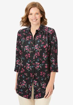 Three-Quarter Sleeve Peachskin Button Front Shirt