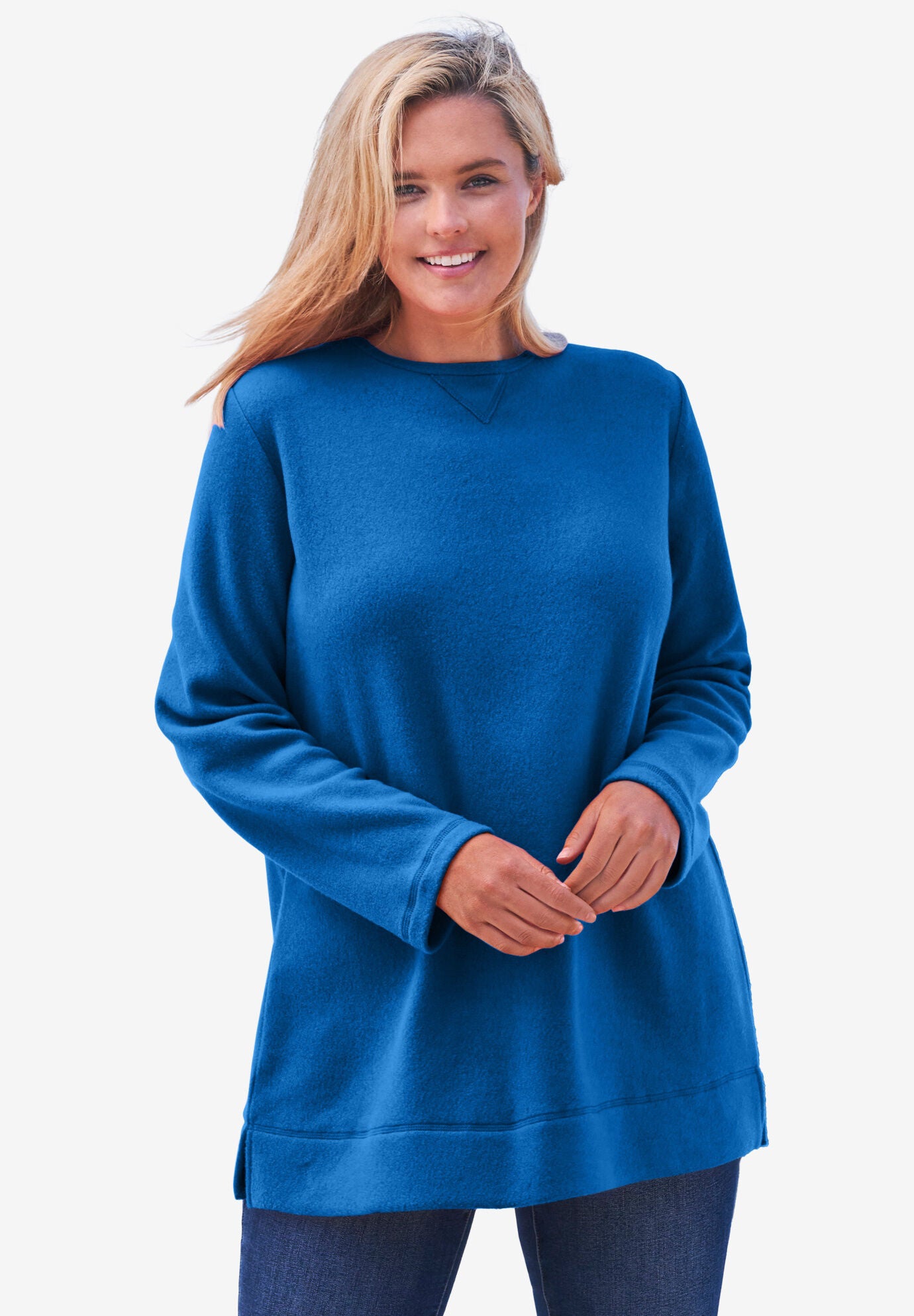 Cozy Sherpa Sweatshirt with Tunic Length French Blue Woman Within