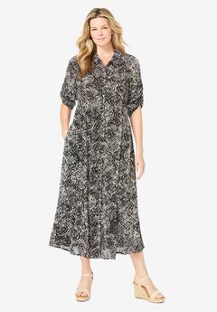 Roll-Tab Sleeve Crinkle Shirtdress