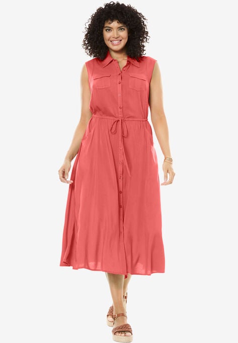 Sleeveless Button Front Utility Dress Plus Size Casual Dresses