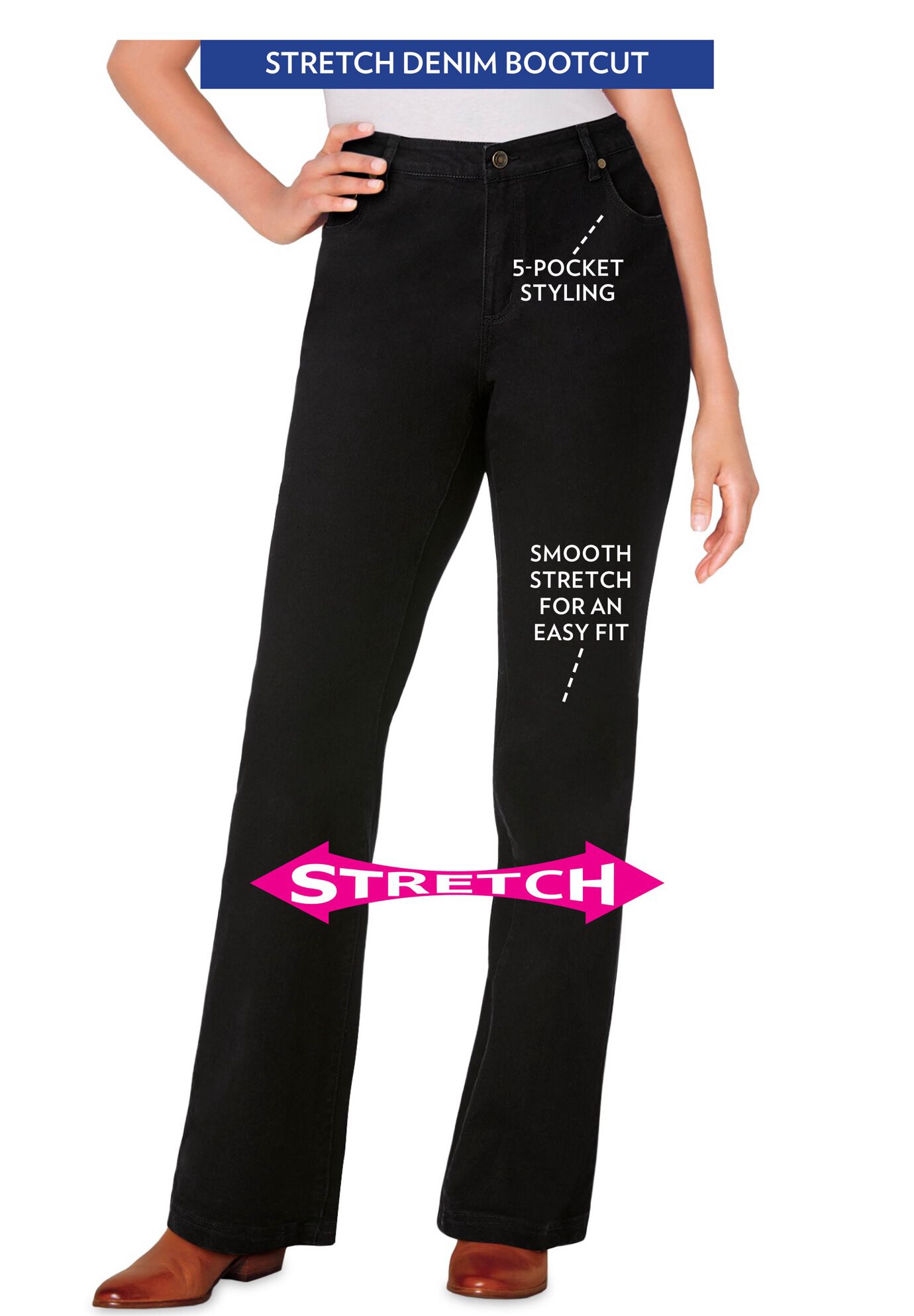 Stretch Denim Five-Pocket Bootcut Jeans, BLACK DENIM, alternate image number 2