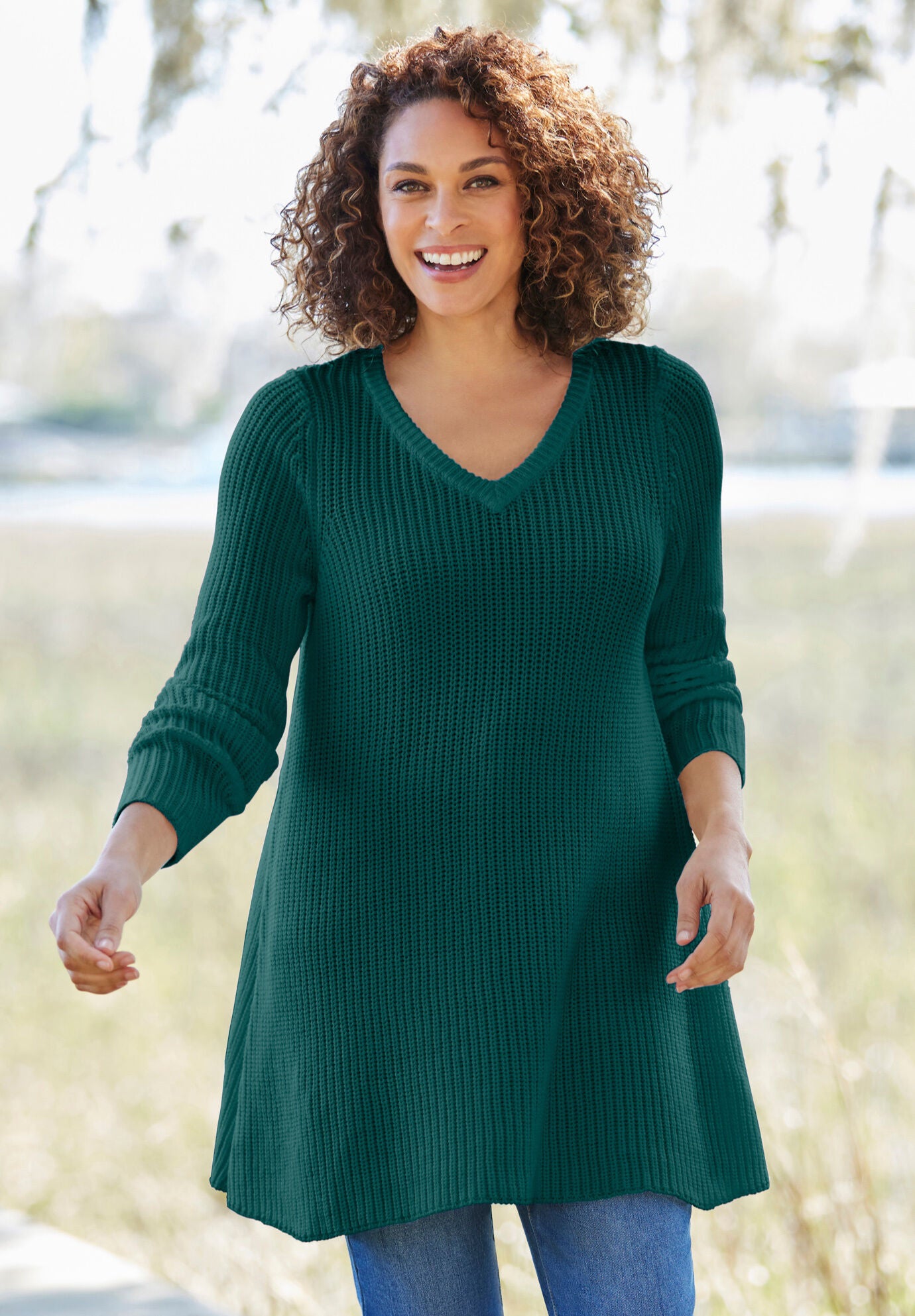 V Neck Trapeze Sweater Long Sleeve Pullover Ivory Woman Within