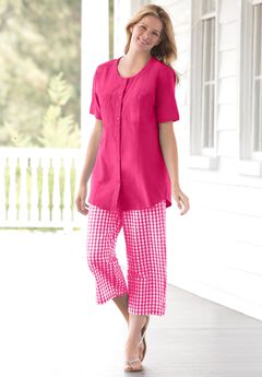 Seersucker Pull-On Elastic-Waist Capri Pants