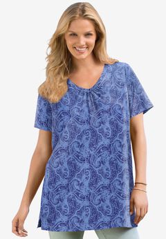 Perfect Printed Short-Sleeve Shirred V-Neck Tunic