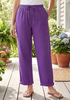 Seersucker Pull-on Elastic-Waist Pants