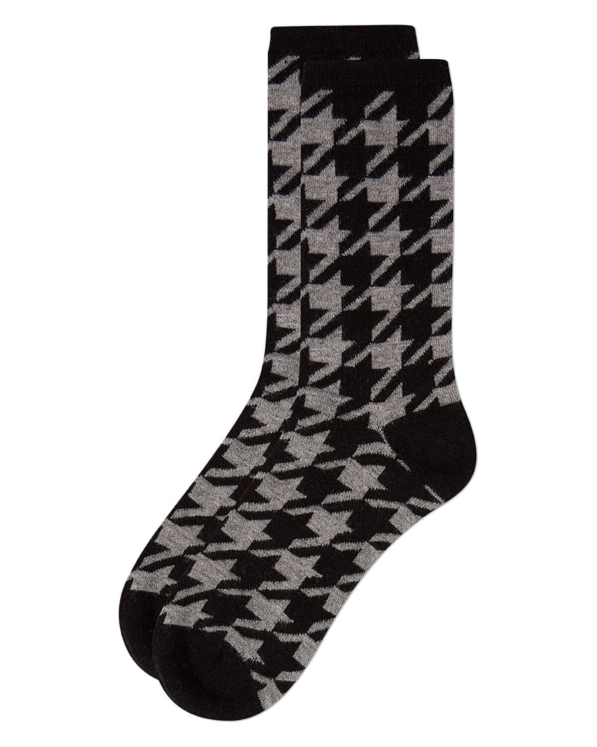 Women's Houndstooth Cashmere-Blend Fine-Gauge Knit Crew Sock, BLACK, alternate image number 2