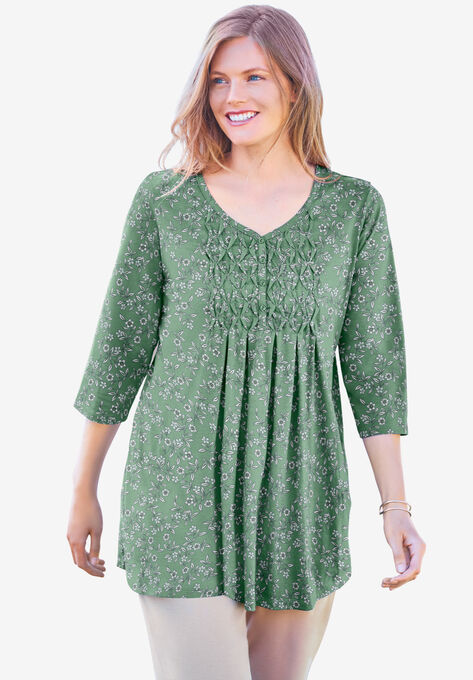 Smocked Henley Trapeze Tunic, SAGE LINEAR FLORAL, hi-res image number null