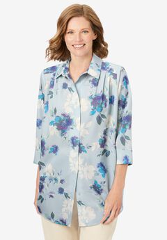 Three-Quarter Sleeve Peachskin Button Front Shirt