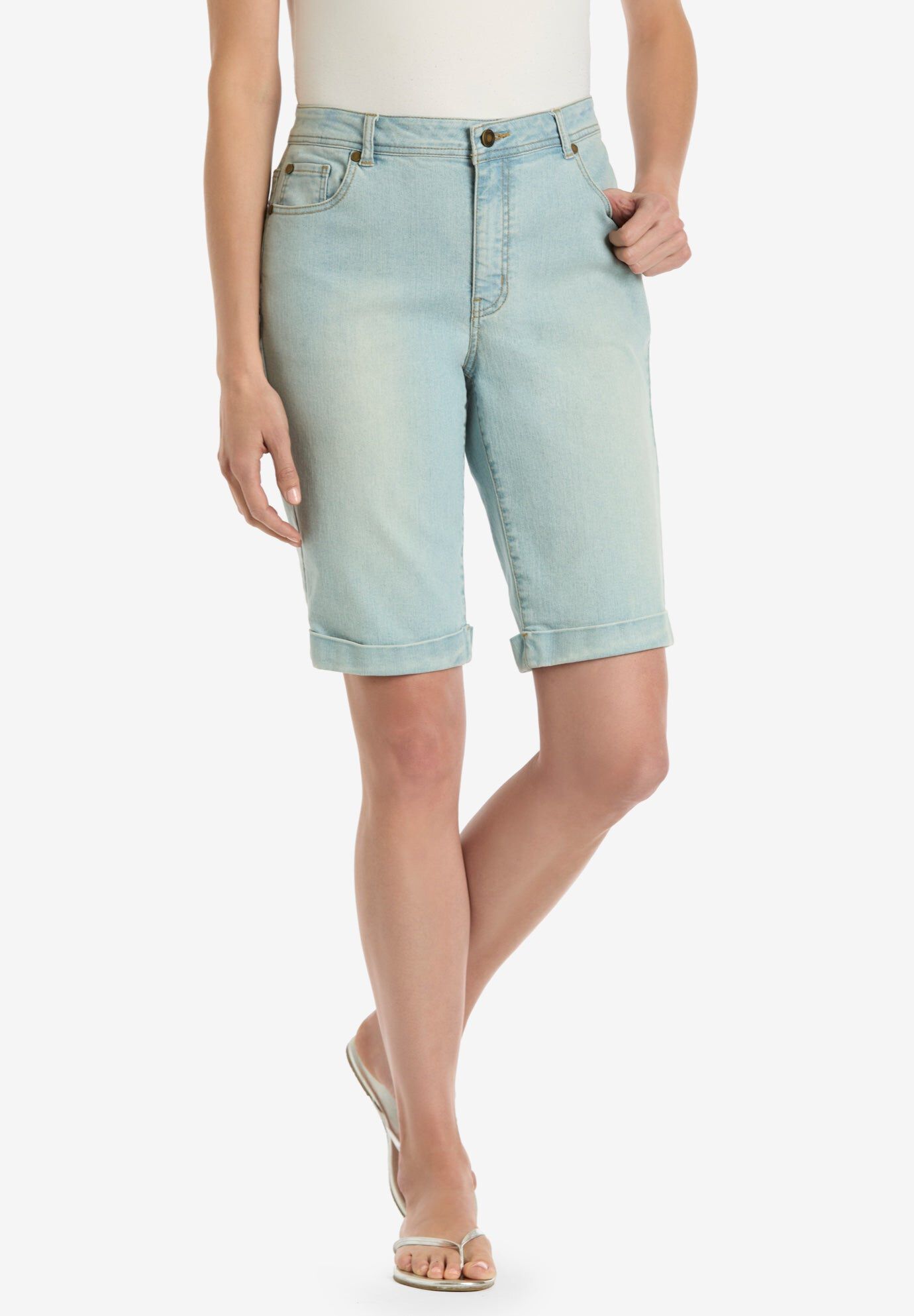 Stretch-Denim Five-Pocket Bermuda Jeans Shorts, LIGHT WASH SANDED, hi-res image number 0