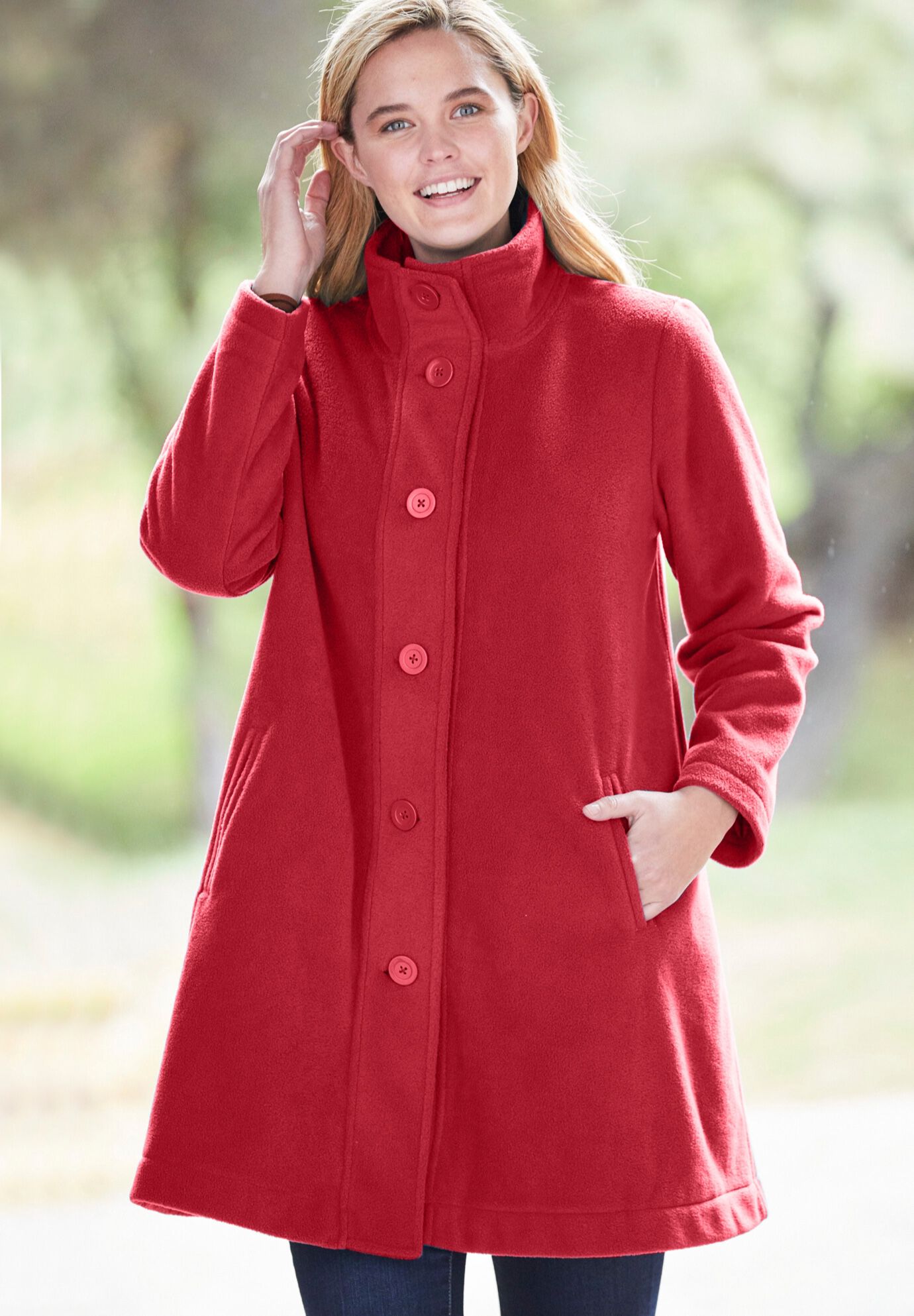 X-Small, red Large Collar and Elegant Suede Tied Buttons Janska Tie Button Jacket Women’s Warm Fleece A-Line Swing Coat with Pockets