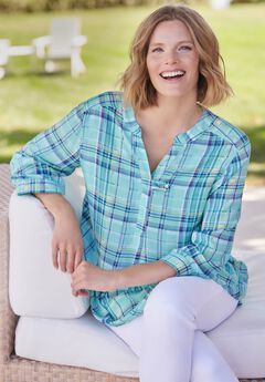 Rayon 7-Day Three-Quarter Sleeve Tab-Front Tunic