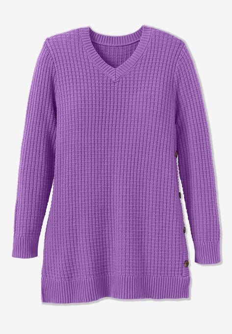 Leisure Half Button V Neck Leopard Print Panel Long Sleeve Waffle Knit Sweater